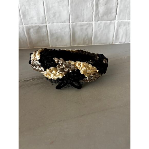 Vintage Woven Straw Cocktail Hat Fascinator Tilt Pillbox Black Cream Netting main image 4